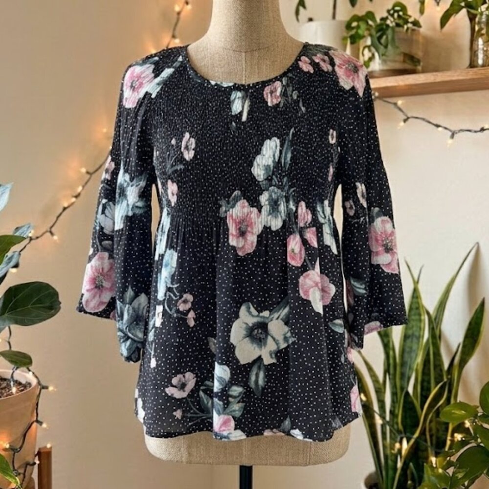 Spense Petite Black Floral Bell Sleeve Peasant Blouse Smocked Boho Whimsigoth
